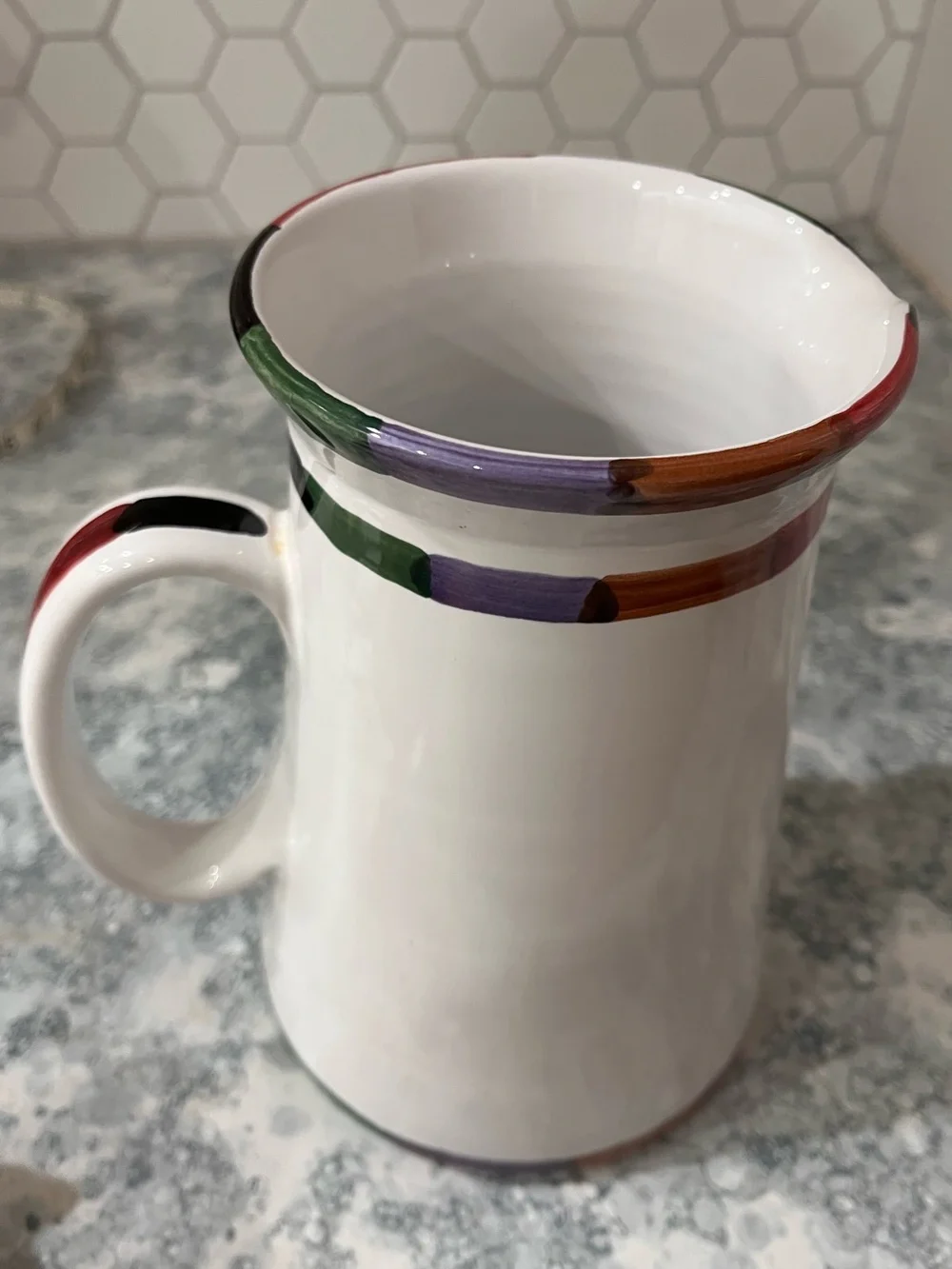 8” white pitcher. Circo by Bill Goldsmith for Deruta, Italy collection. Mint.